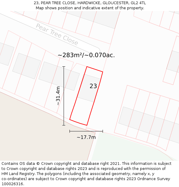 23, PEAR TREE CLOSE, HARDWICKE, GLOUCESTER, GL2 4TL: Plot and title map