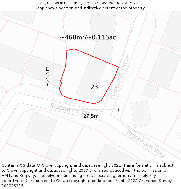 23, PEBWORTH DRIVE, HATTON, WARWICK, CV35 7UD: Plot and title map