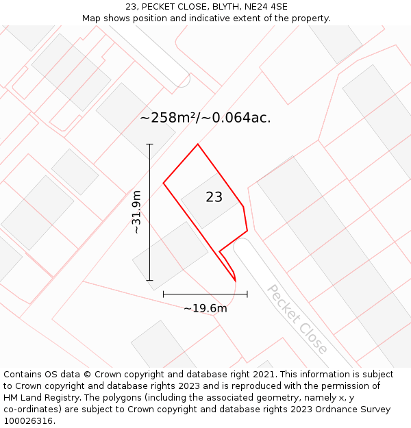 23, PECKET CLOSE, BLYTH, NE24 4SE: Plot and title map