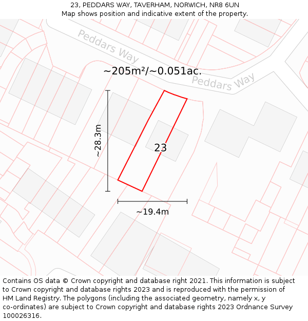 23, PEDDARS WAY, TAVERHAM, NORWICH, NR8 6UN: Plot and title map