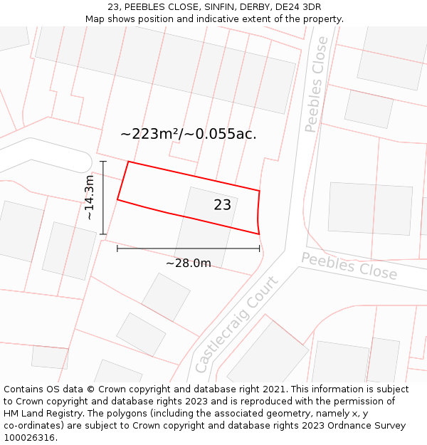 23, PEEBLES CLOSE, SINFIN, DERBY, DE24 3DR: Plot and title map