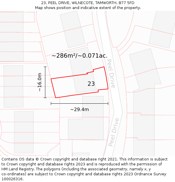 23, PEEL DRIVE, WILNECOTE, TAMWORTH, B77 5FD: Plot and title map