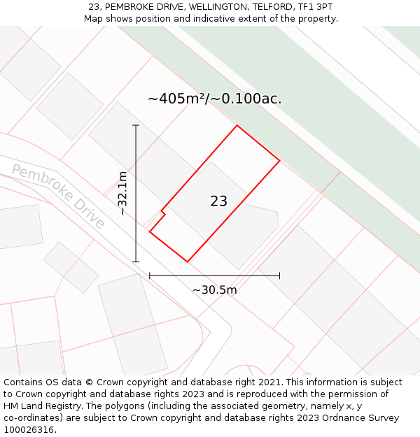 23, PEMBROKE DRIVE, WELLINGTON, TELFORD, TF1 3PT: Plot and title map