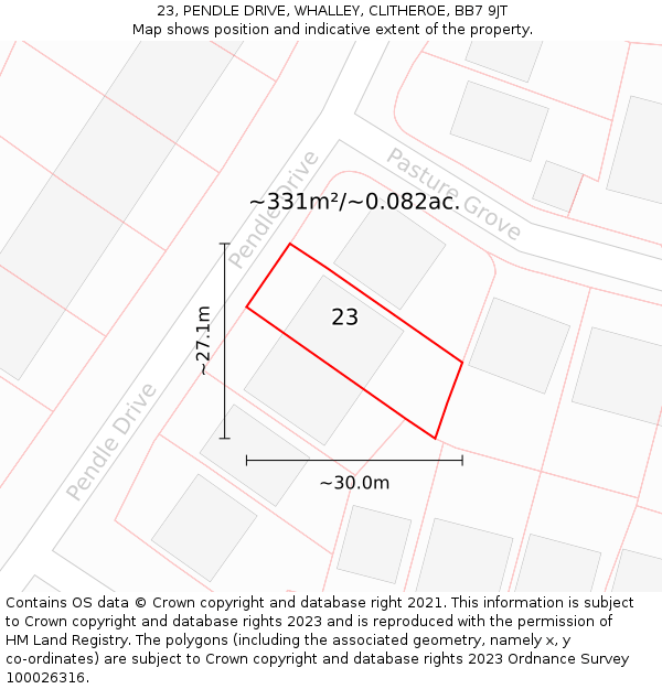 23, PENDLE DRIVE, WHALLEY, CLITHEROE, BB7 9JT: Plot and title map