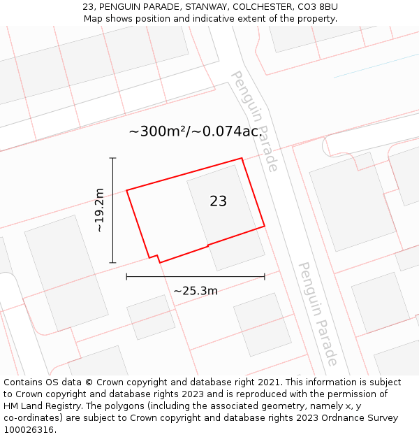 23, PENGUIN PARADE, STANWAY, COLCHESTER, CO3 8BU: Plot and title map
