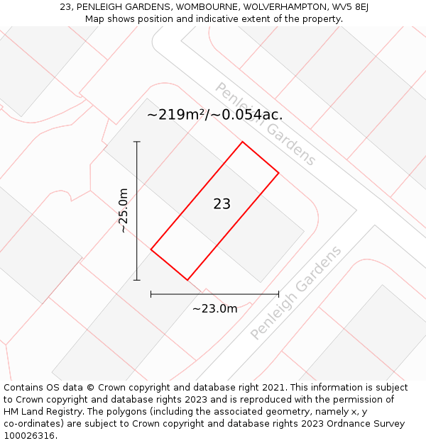 23, PENLEIGH GARDENS, WOMBOURNE, WOLVERHAMPTON, WV5 8EJ: Plot and title map