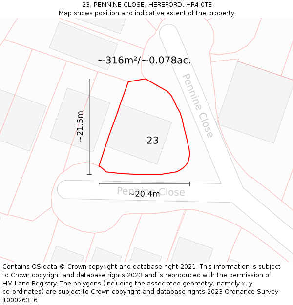 23, PENNINE CLOSE, HEREFORD, HR4 0TE: Plot and title map