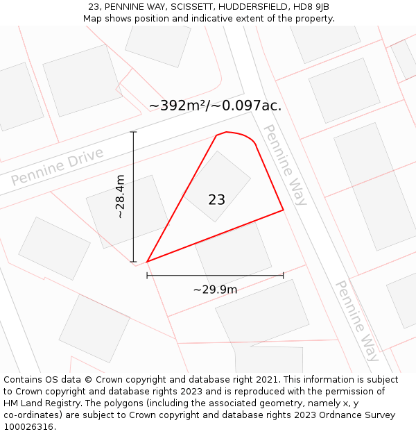 23, PENNINE WAY, SCISSETT, HUDDERSFIELD, HD8 9JB: Plot and title map