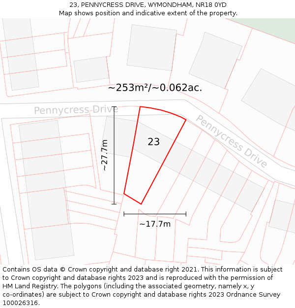 23, PENNYCRESS DRIVE, WYMONDHAM, NR18 0YD: Plot and title map