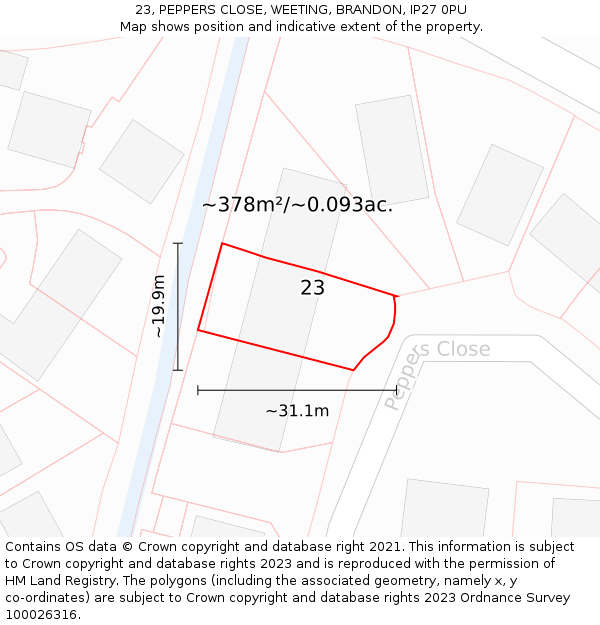 23, PEPPERS CLOSE, WEETING, BRANDON, IP27 0PU: Plot and title map
