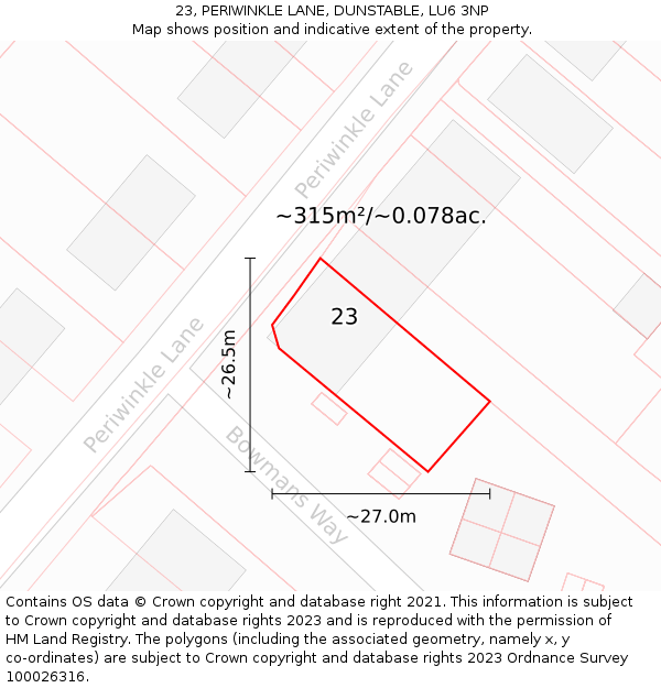23, PERIWINKLE LANE, DUNSTABLE, LU6 3NP: Plot and title map