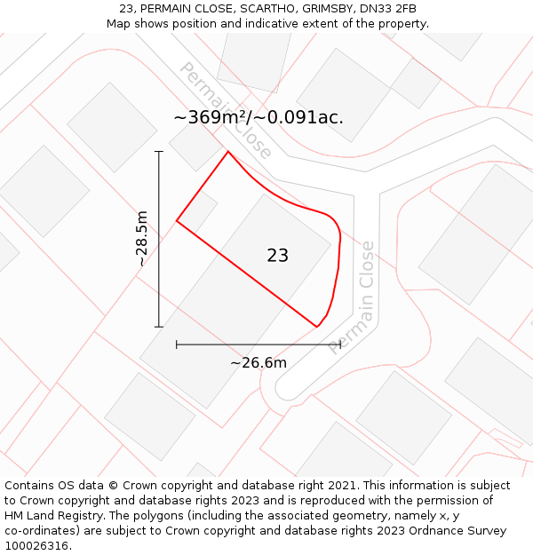 23, PERMAIN CLOSE, SCARTHO, GRIMSBY, DN33 2FB: Plot and title map