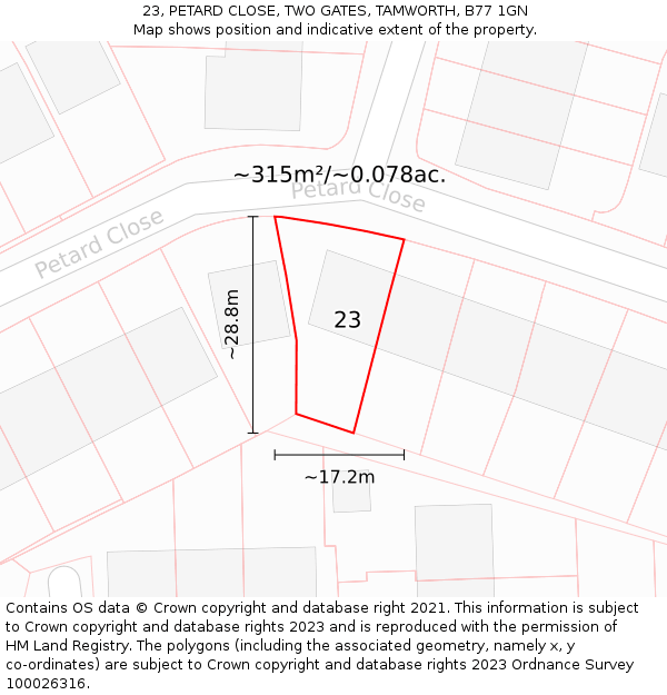 23, PETARD CLOSE, TWO GATES, TAMWORTH, B77 1GN: Plot and title map