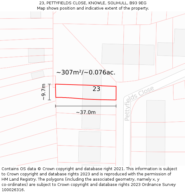 23, PETTYFIELDS CLOSE, KNOWLE, SOLIHULL, B93 9EG: Plot and title map