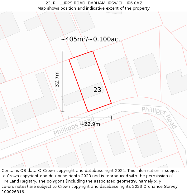 23, PHILLIPPS ROAD, BARHAM, IPSWICH, IP6 0AZ: Plot and title map