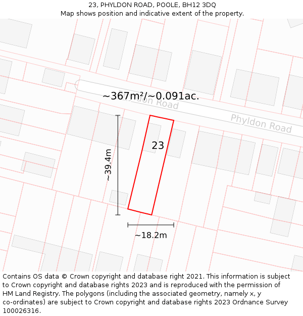 23, PHYLDON ROAD, POOLE, BH12 3DQ: Plot and title map