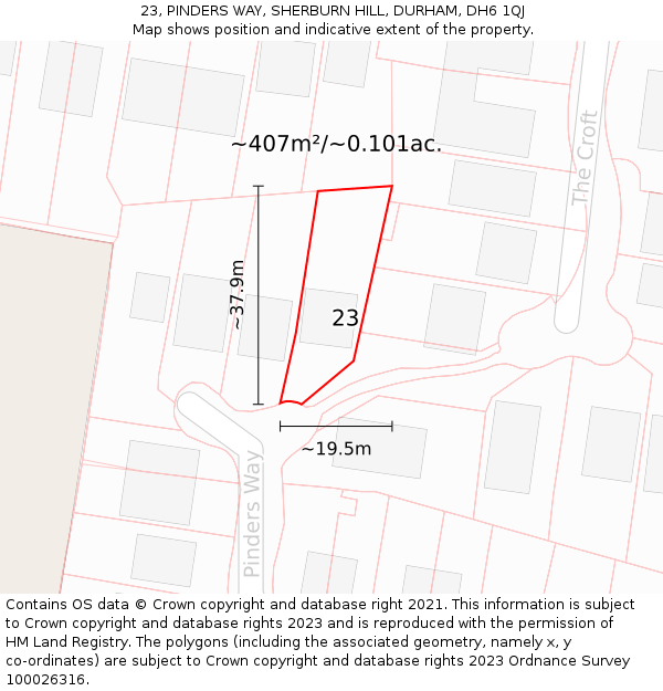 23, PINDERS WAY, SHERBURN HILL, DURHAM, DH6 1QJ: Plot and title map