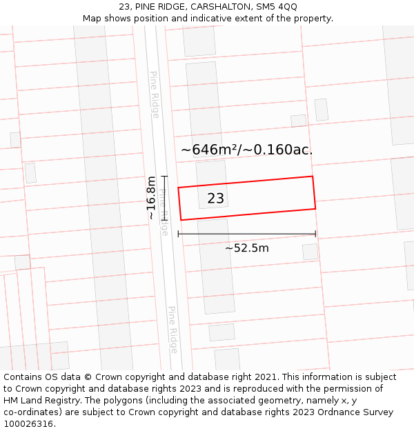 23, PINE RIDGE, CARSHALTON, SM5 4QQ: Plot and title map