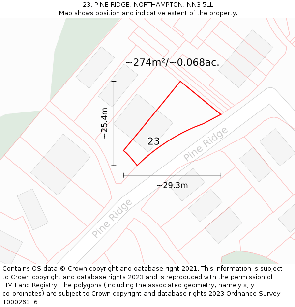 23, PINE RIDGE, NORTHAMPTON, NN3 5LL: Plot and title map