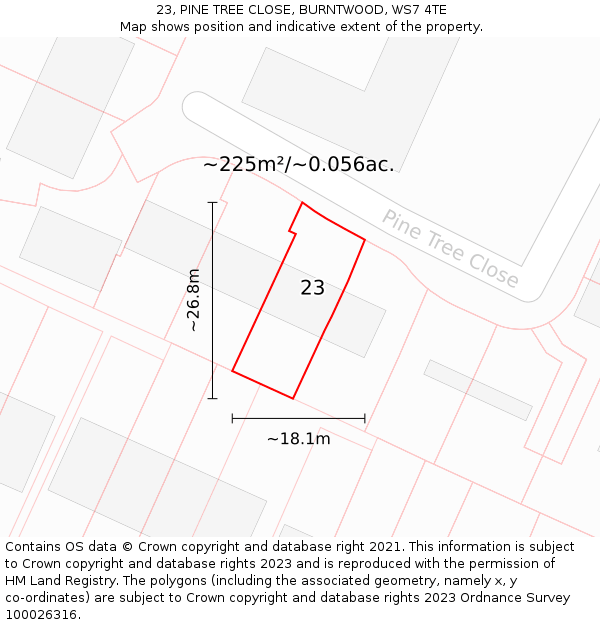 23, PINE TREE CLOSE, BURNTWOOD, WS7 4TE: Plot and title map