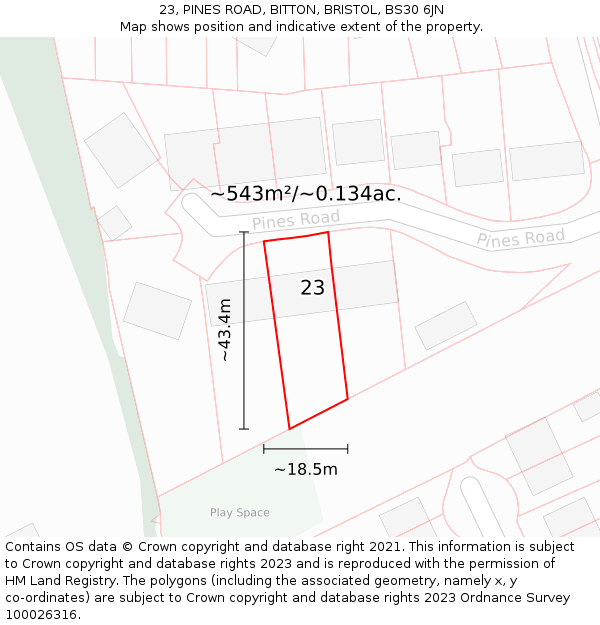 23, PINES ROAD, BITTON, BRISTOL, BS30 6JN: Plot and title map