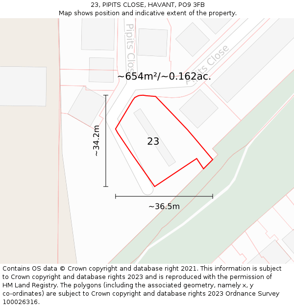 23, PIPITS CLOSE, HAVANT, PO9 3FB: Plot and title map
