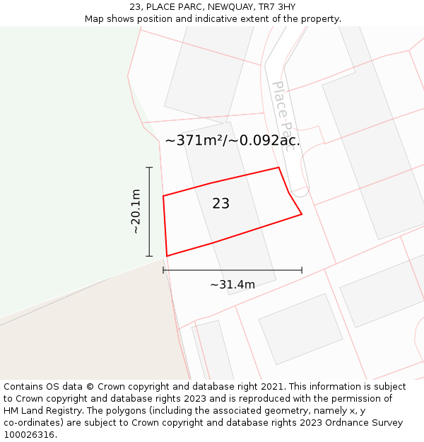 23, PLACE PARC, NEWQUAY, TR7 3HY: Plot and title map