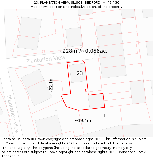 23, PLANTATION VIEW, SILSOE, BEDFORD, MK45 4GG: Plot and title map
