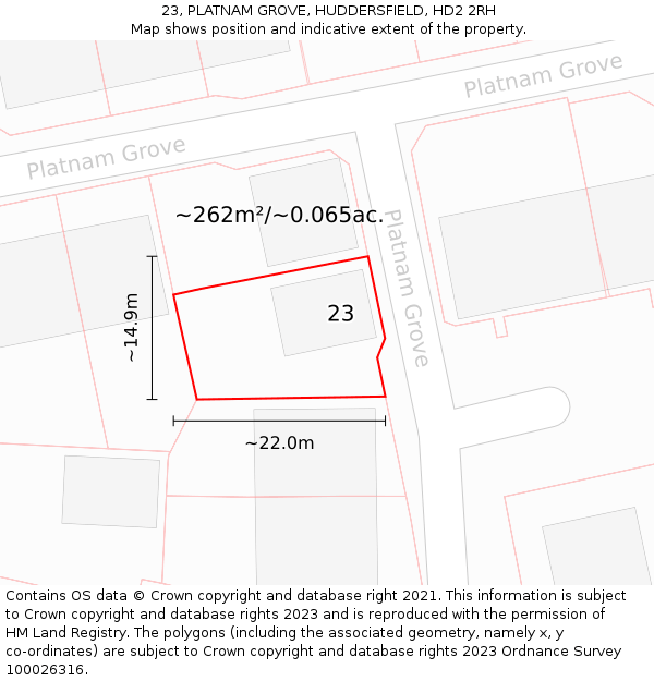 23, PLATNAM GROVE, HUDDERSFIELD, HD2 2RH: Plot and title map