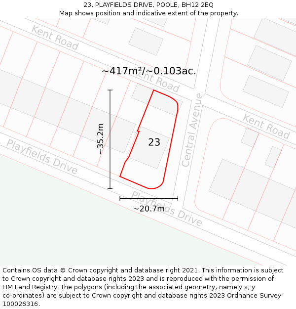 23, PLAYFIELDS DRIVE, POOLE, BH12 2EQ: Plot and title map