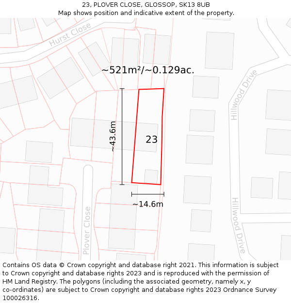 23, PLOVER CLOSE, GLOSSOP, SK13 8UB: Plot and title map