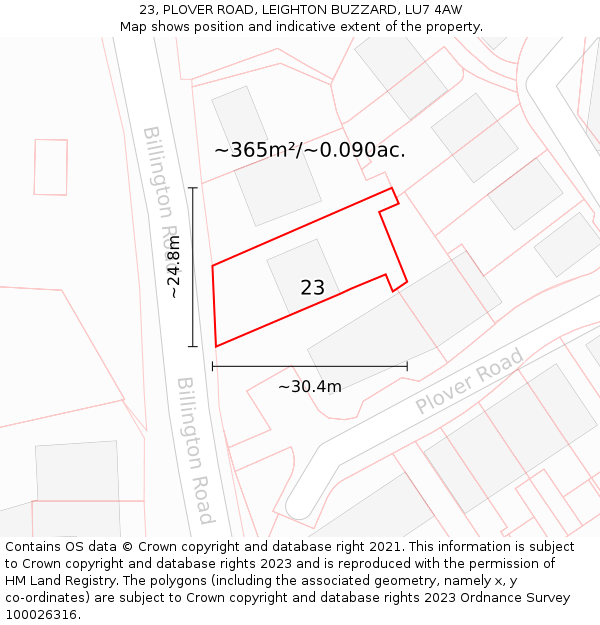 23, PLOVER ROAD, LEIGHTON BUZZARD, LU7 4AW: Plot and title map