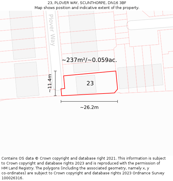 23, PLOVER WAY, SCUNTHORPE, DN16 3BF: Plot and title map