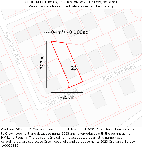 23, PLUM TREE ROAD, LOWER STONDON, HENLOW, SG16 6NE: Plot and title map