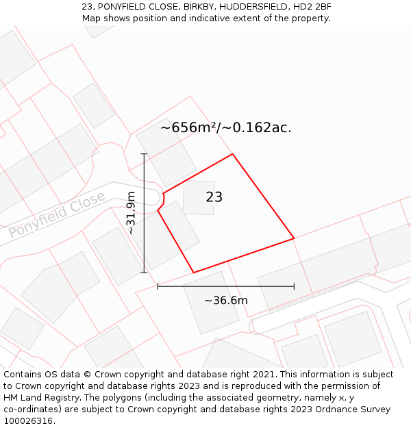 23, PONYFIELD CLOSE, BIRKBY, HUDDERSFIELD, HD2 2BF: Plot and title map