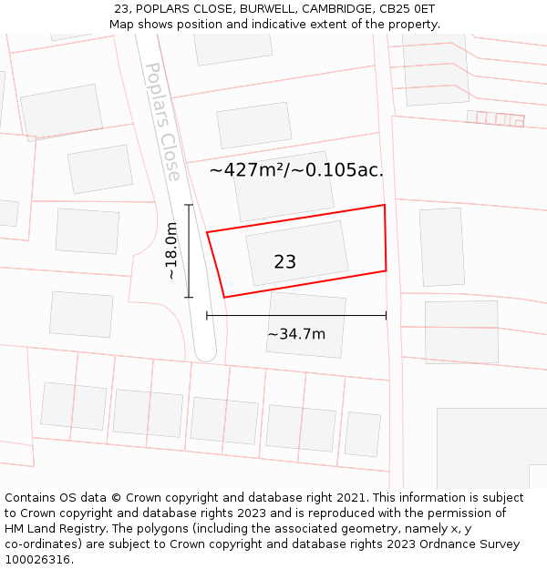 23, POPLARS CLOSE, BURWELL, CAMBRIDGE, CB25 0ET: Plot and title map
