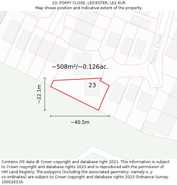 23, POPPY CLOSE, LEICESTER, LE2 6UR: Plot and title map