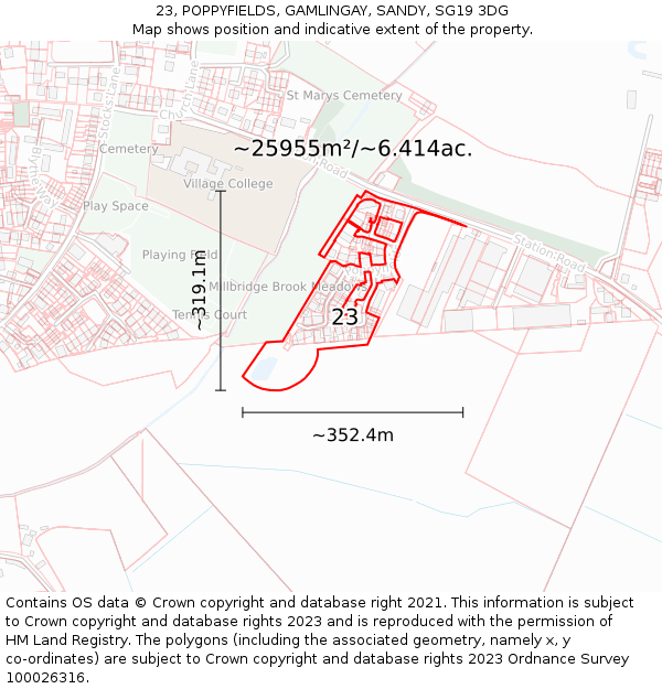 23, POPPYFIELDS, GAMLINGAY, SANDY, SG19 3DG: Plot and title map