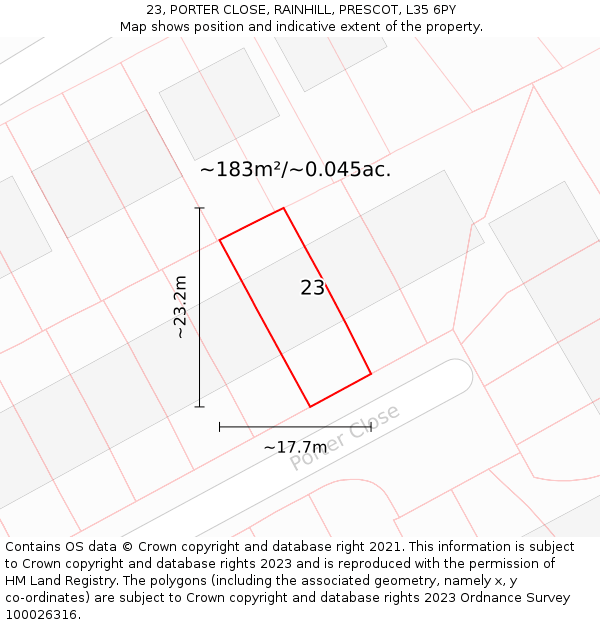 23, PORTER CLOSE, RAINHILL, PRESCOT, L35 6PY: Plot and title map