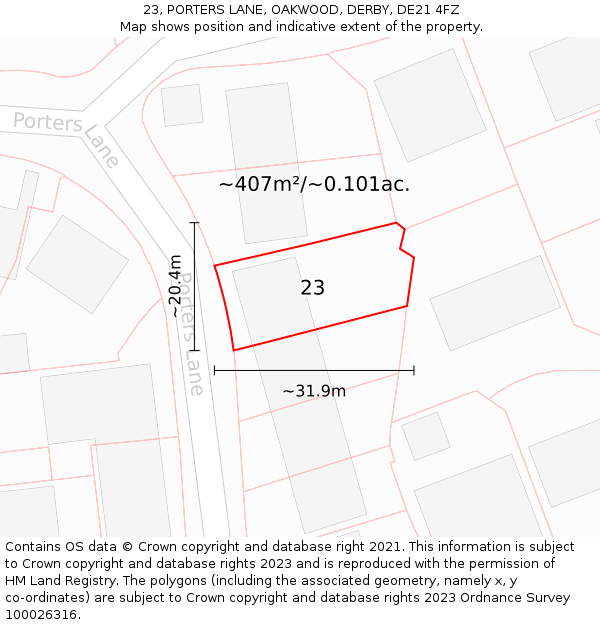 23, PORTERS LANE, OAKWOOD, DERBY, DE21 4FZ: Plot and title map