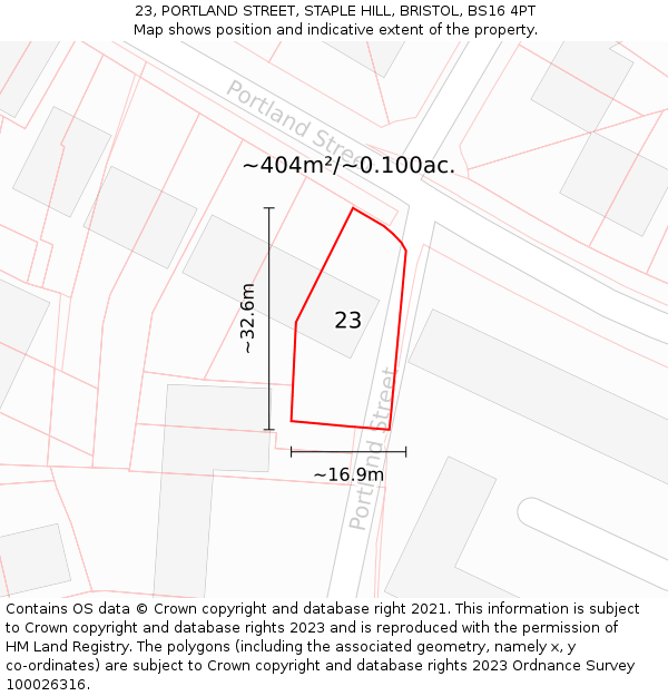 23, PORTLAND STREET, STAPLE HILL, BRISTOL, BS16 4PT: Plot and title map