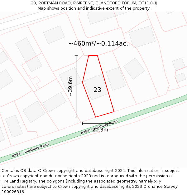 23, PORTMAN ROAD, PIMPERNE, BLANDFORD FORUM, DT11 8UJ: Plot and title map