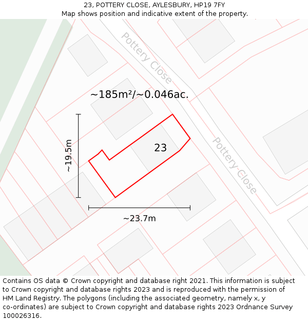 23, POTTERY CLOSE, AYLESBURY, HP19 7FY: Plot and title map