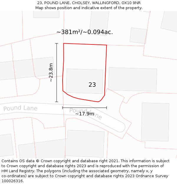 23, POUND LANE, CHOLSEY, WALLINGFORD, OX10 9NR: Plot and title map