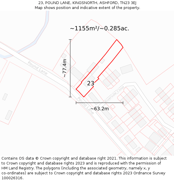 23, POUND LANE, KINGSNORTH, ASHFORD, TN23 3EJ: Plot and title map