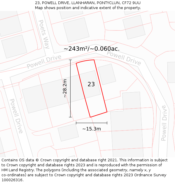 23, POWELL DRIVE, LLANHARAN, PONTYCLUN, CF72 9UU: Plot and title map