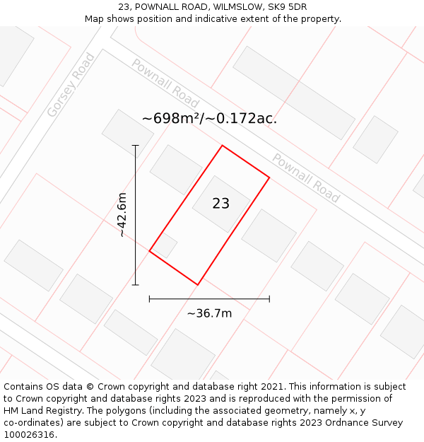 23, POWNALL ROAD, WILMSLOW, SK9 5DR: Plot and title map