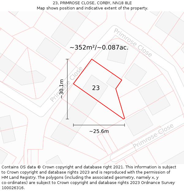 23, PRIMROSE CLOSE, CORBY, NN18 8LE: Plot and title map