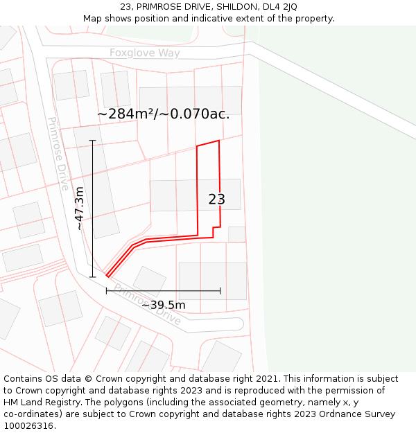 23, PRIMROSE DRIVE, SHILDON, DL4 2JQ: Plot and title map