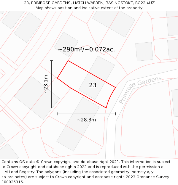 23, PRIMROSE GARDENS, HATCH WARREN, BASINGSTOKE, RG22 4UZ: Plot and title map